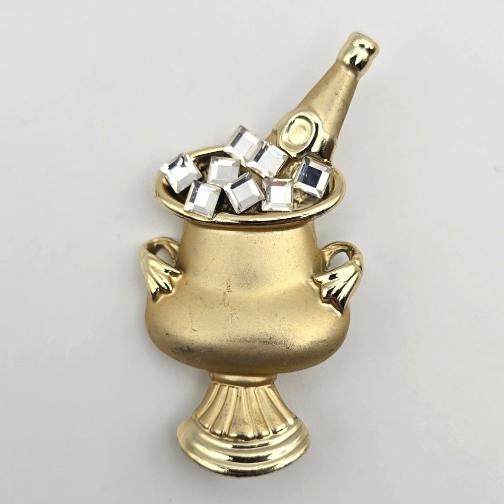 Vtg AJC Gold‎ Tone Champagne Bucket Ice Cubes Rhinestone Brooch Pin Celebration